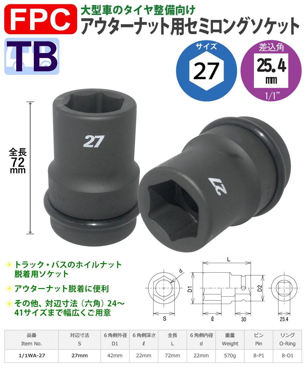 六角27mmサイズ 25.4角 セミロングソケット 大型インパクト対応 FPC