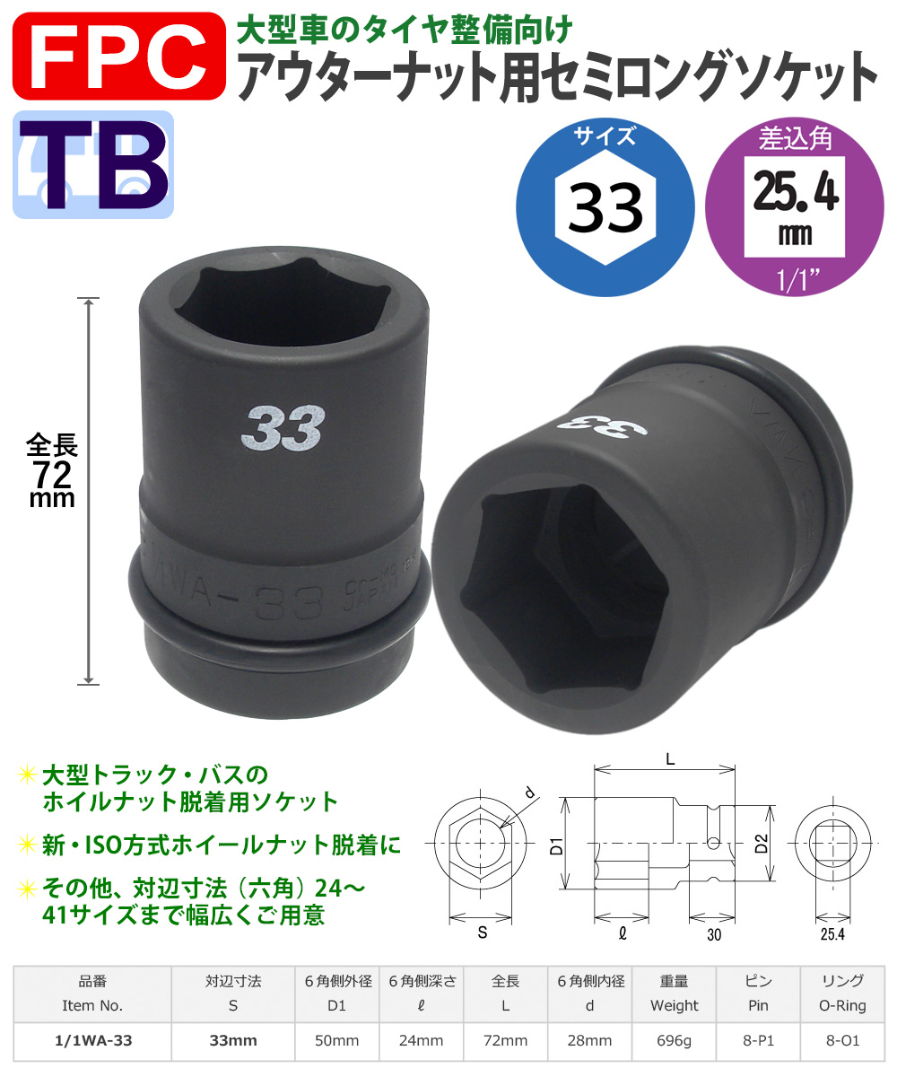 六角33mmサイズ 25.4角 セミロングソケット 大型インパクト対応 FPC