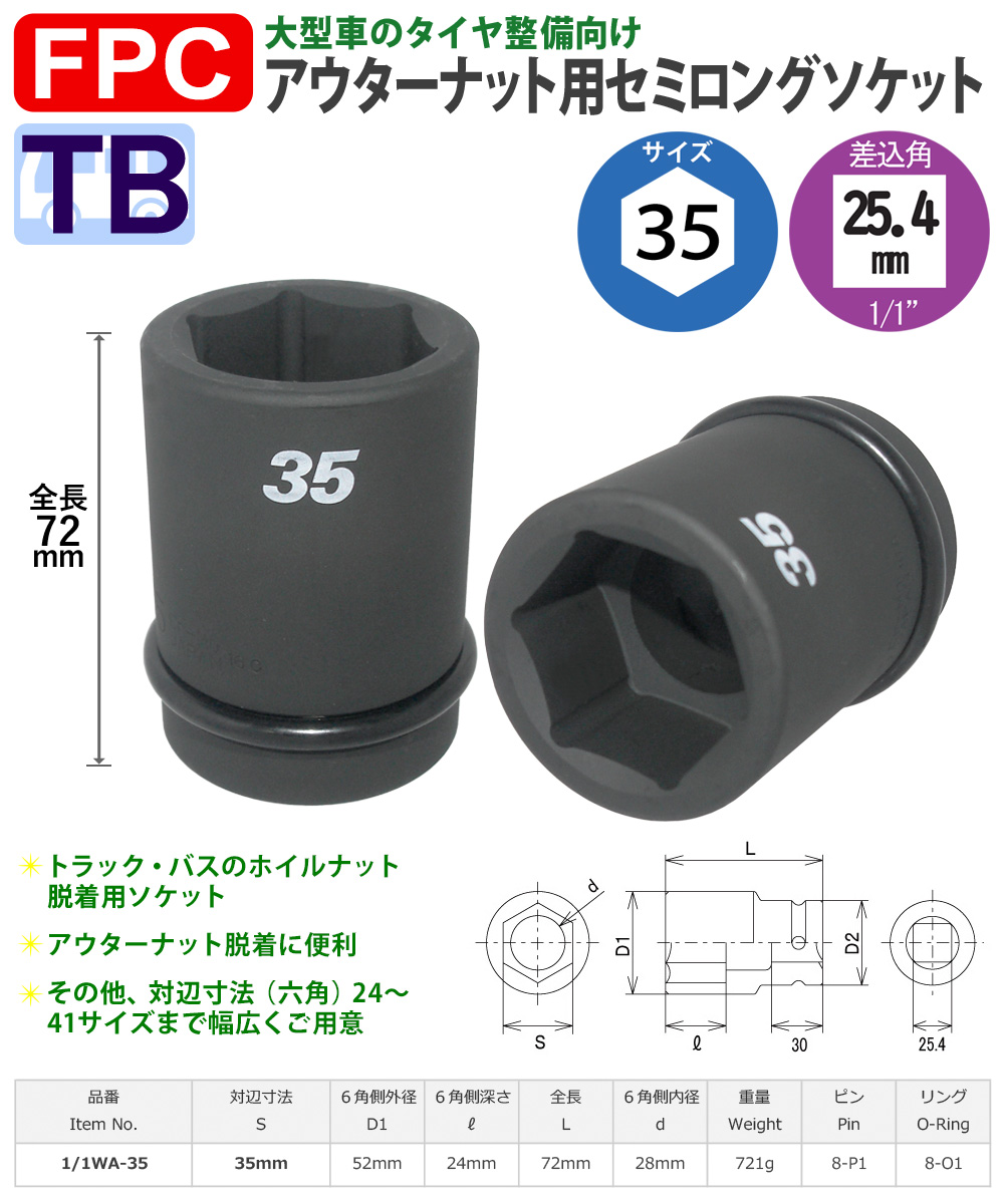 六角35mmサイズ 25.4角 セミロングソケット 大型インパクト対応 FPC