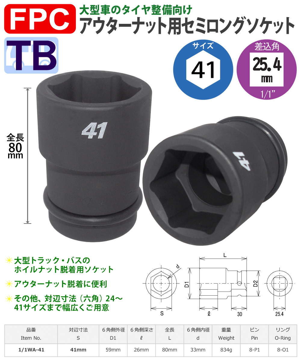 六角41mmサイズ 25.4角 セミロングソケット 大型インパクト対応 FPC