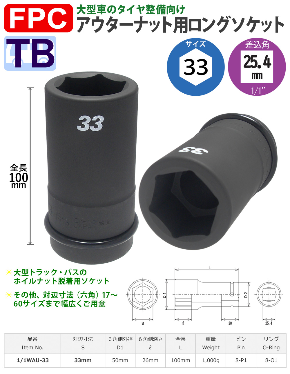 六角33mmサイズ 25.4角 ロングソケット 大型インパクト対応 FPC