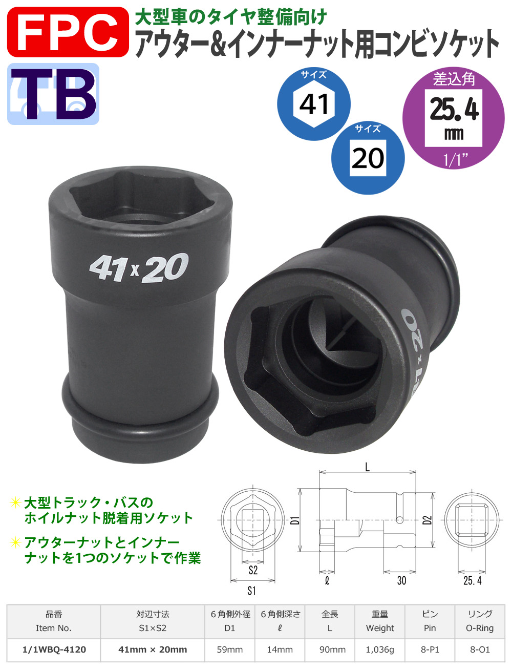 41-20サイズ 25.4角コンビネーションソケット 大型インパクト用 FPC