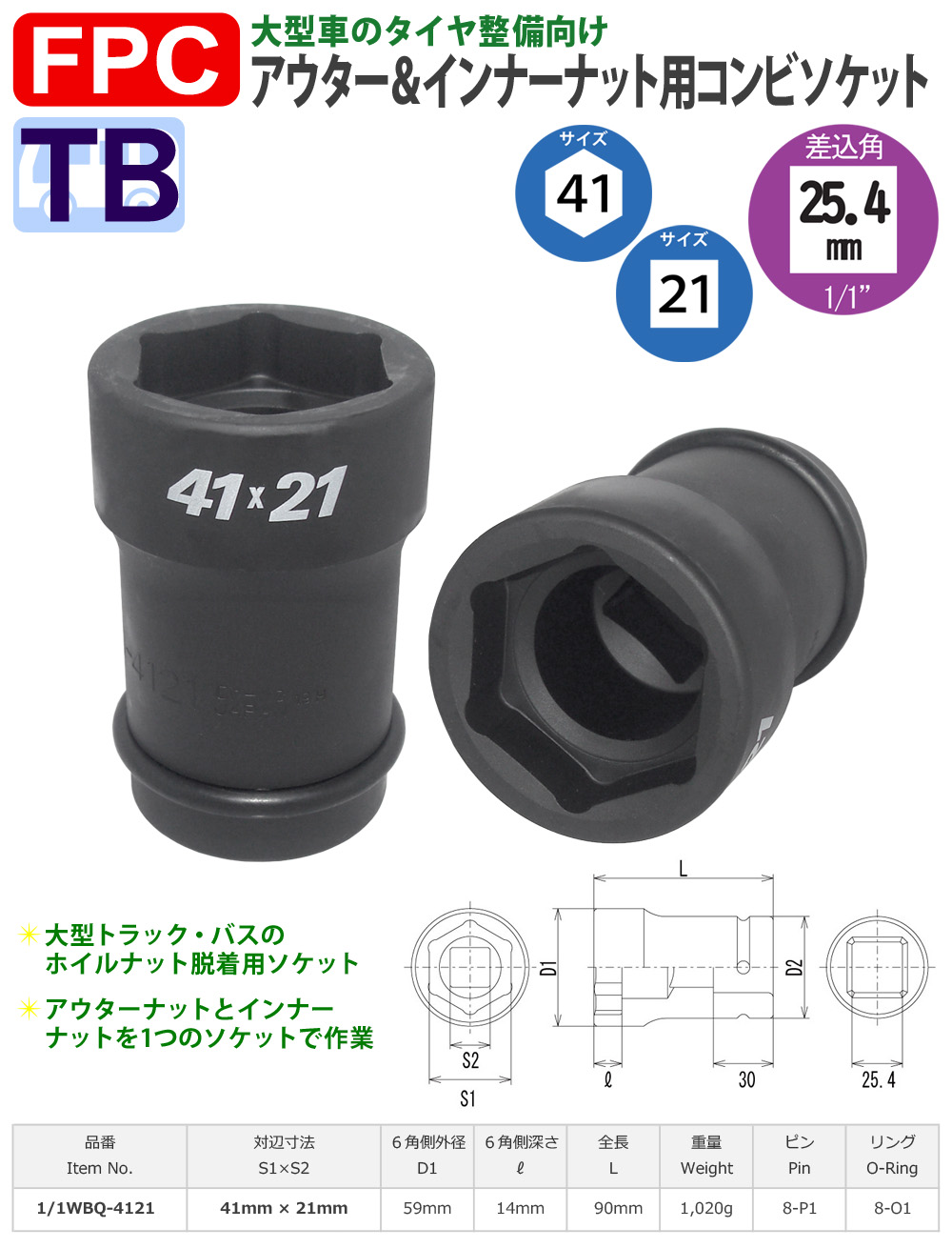 100％本物保証！ FPC 1WAU-44 1-3 ロングソケット 差込角25.4mm 対辺44mm 1.3 4