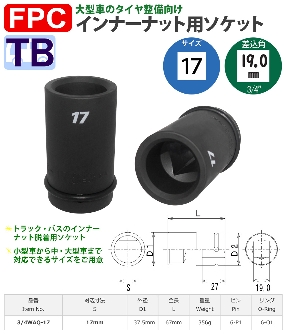 四角17mmサイズ 19角 インナーソケット 中型インパクト対応 FPC