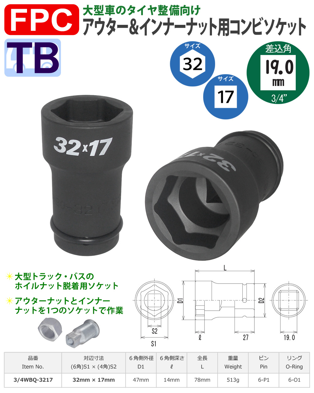 32-17サイズ 19角コンビネーションソケット 中型インパクト用 FPC
