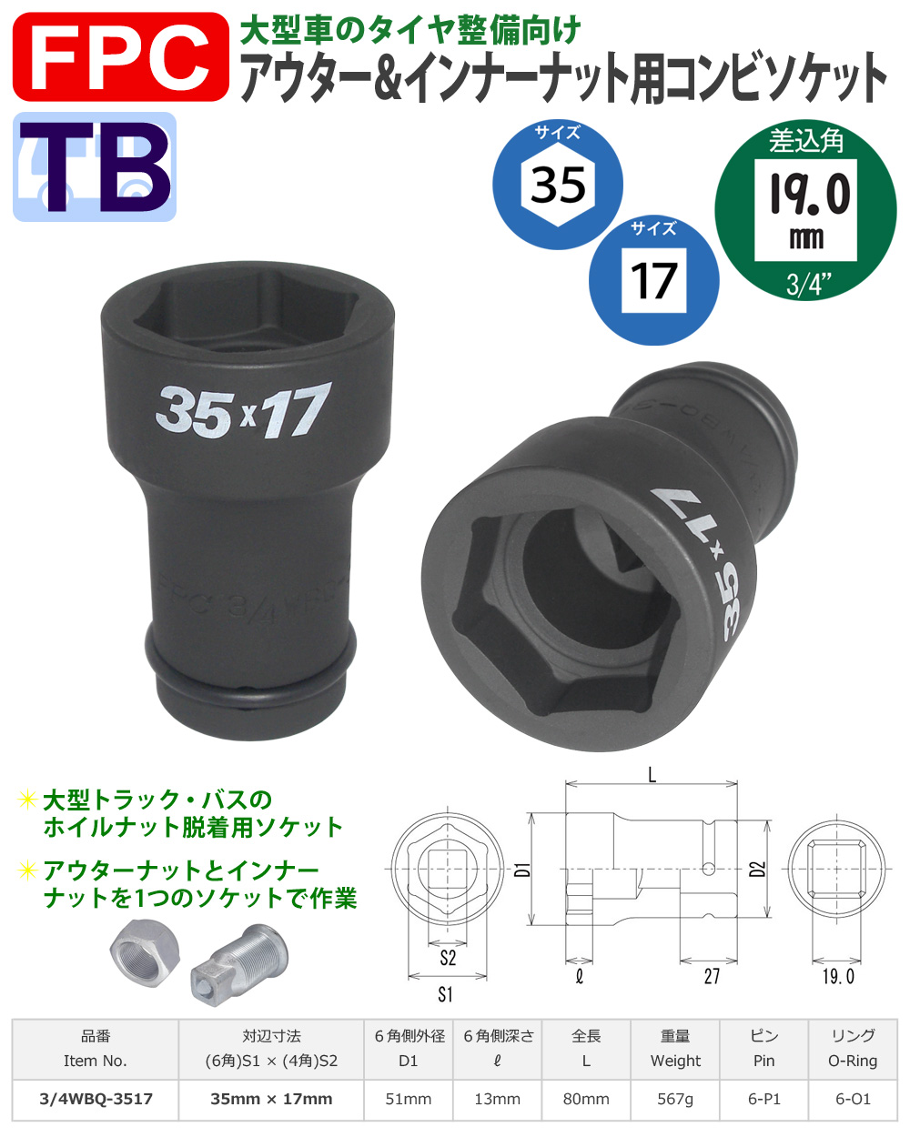 35-17サイズ 19角コンビネーションソケット 中型インパクト用 FPC