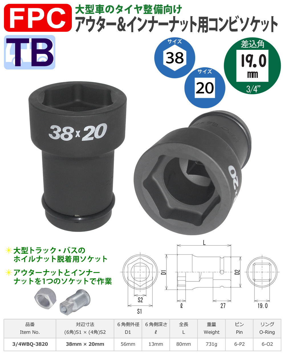 38-10サイズ 19角コンビネーションソケット 中型インパクト用 FPC