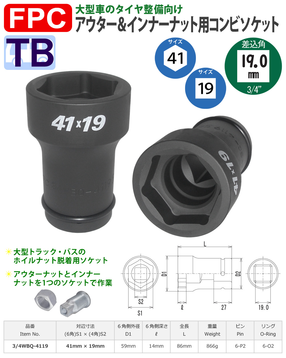 41-19サイズ 19角コンビネーションソケット 中型インパクト用 FPC
