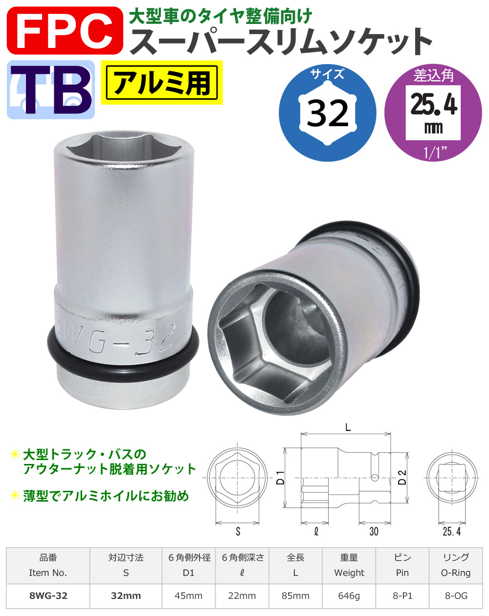 大型車 ISOホイールナット 32mmサイズ 薄型ソケット 25.4mm角 大型車 ISOホイールナット 32mmサイズ 薄型ソケット 25.4mm角