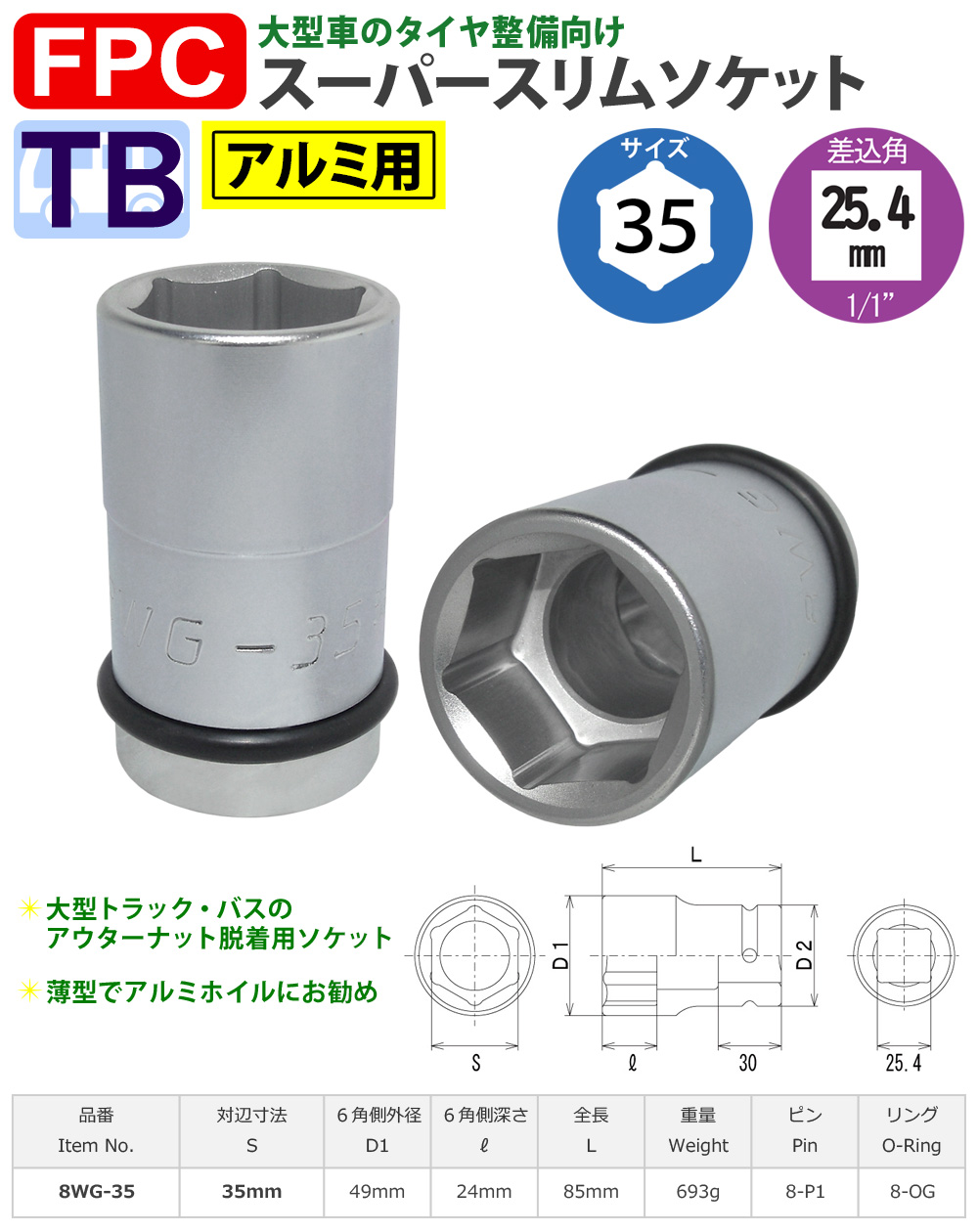 トップ工業 インパクトレンチ用ディープソケット 差込角 25.4mm角 1 1